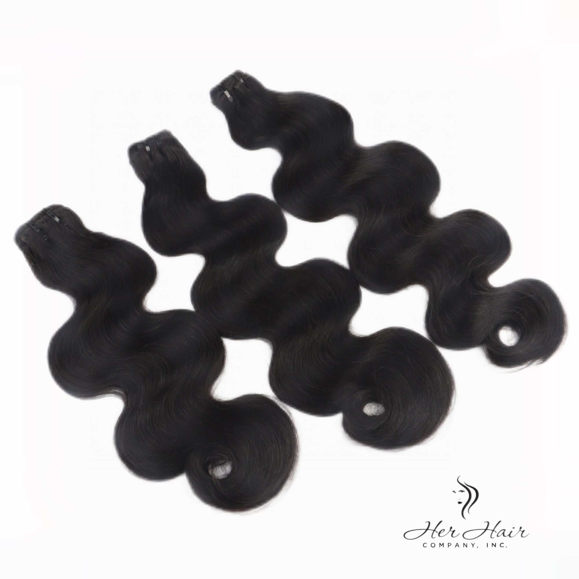 Brazilian double drawn hair bundles from Her Hair Company, showing three full, thick hair bundles in natural black color.