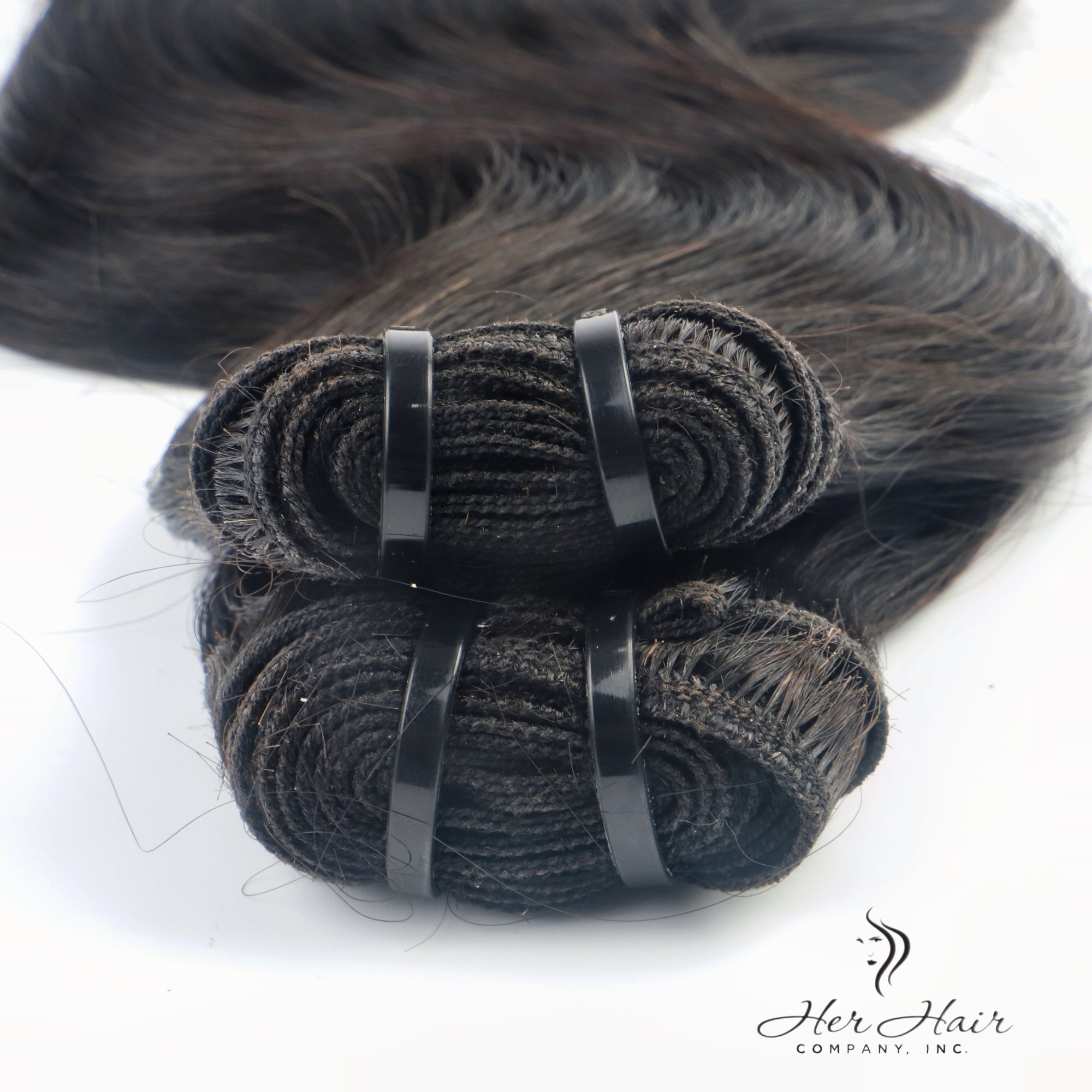 Her Hair Company Brazilian double drawn hair bundles, standard 3 bundle deal, showing straight, thick hair extensions in natural color.