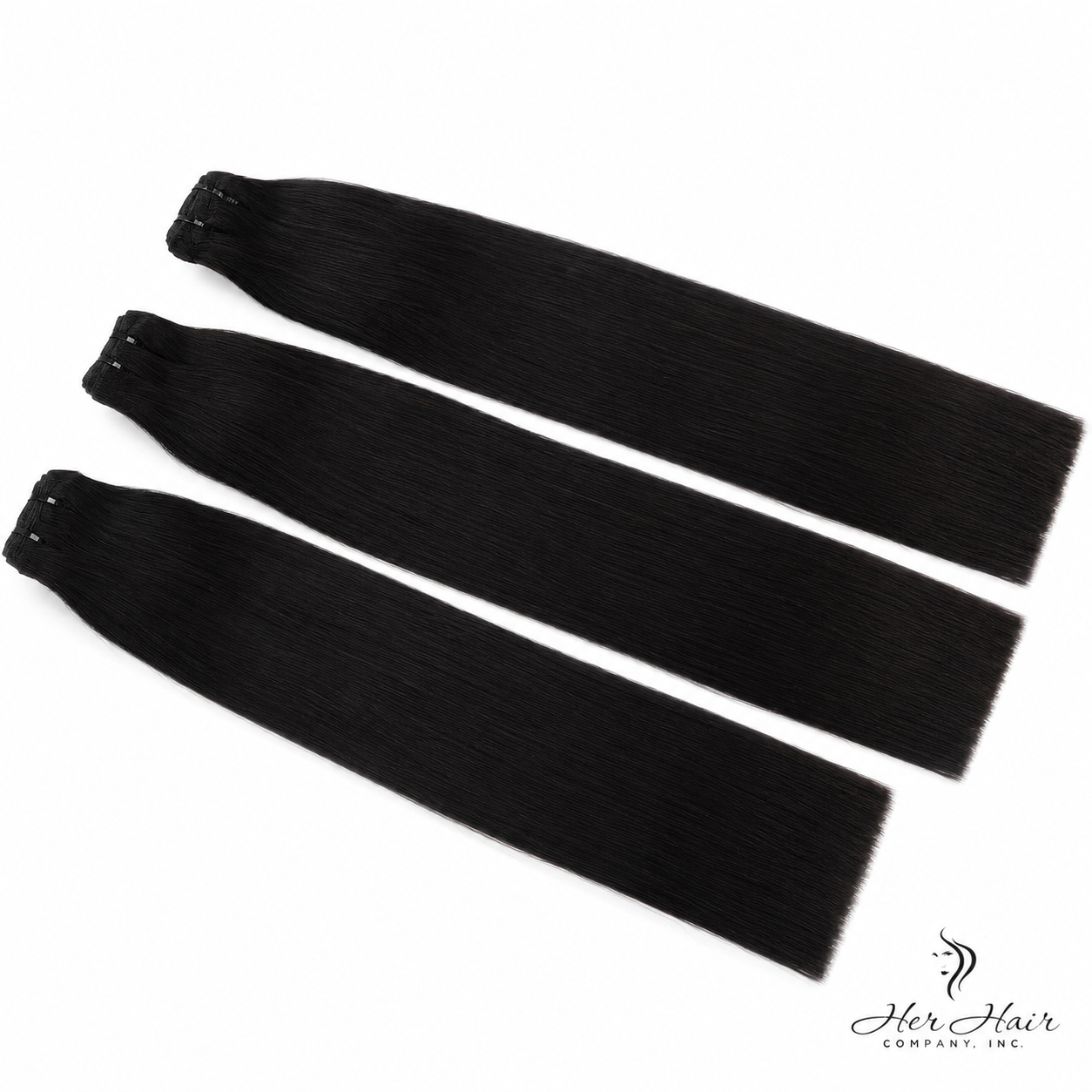 Three bundles of Her Hair Company Brazilian Double Drawn Straight Hair, 18-inch standard bundle deal, shown in the image.