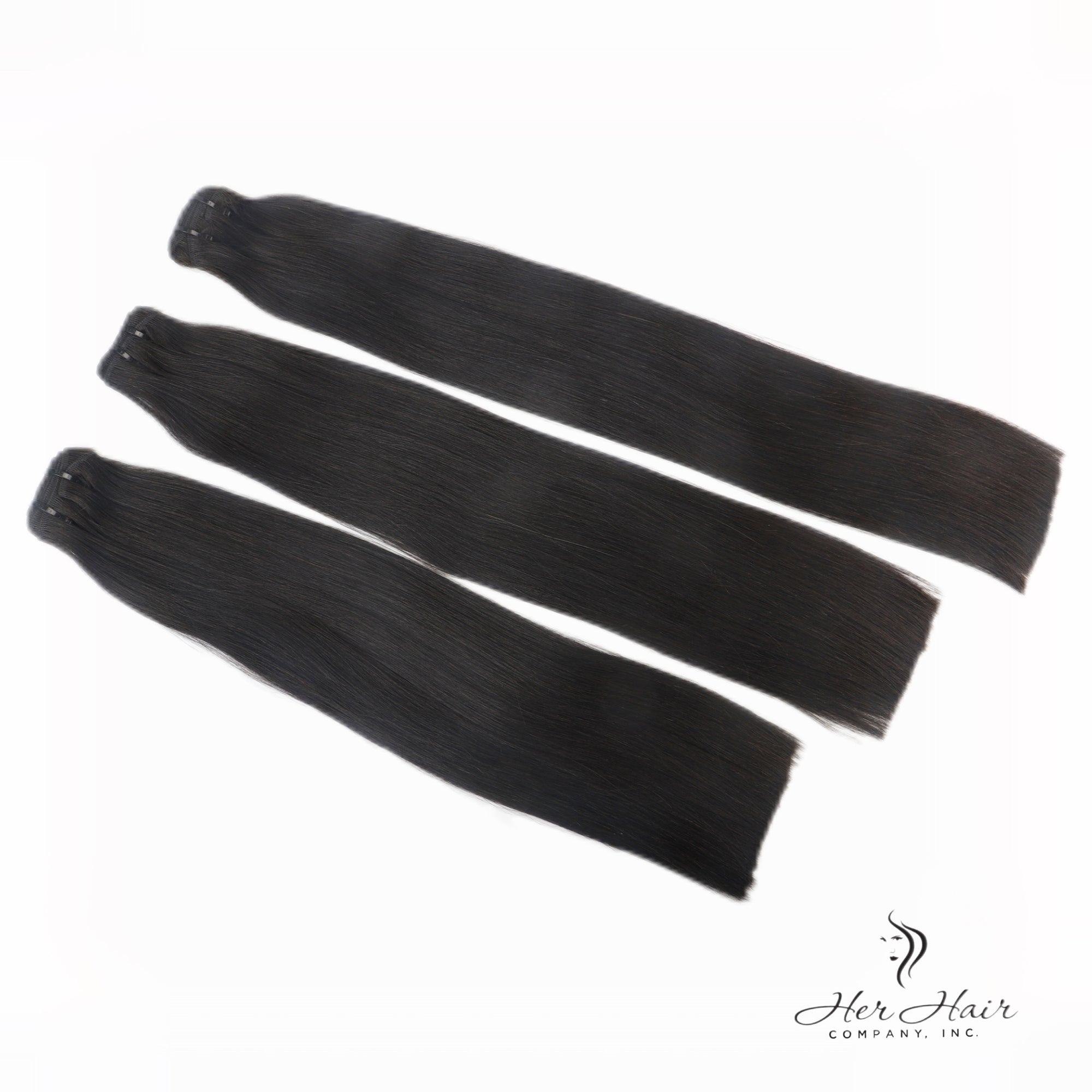 Her Hair Company Brazilian Double Drawn Hair 3 Bundle Deal with straight, full-length bundles displayed on a white background.