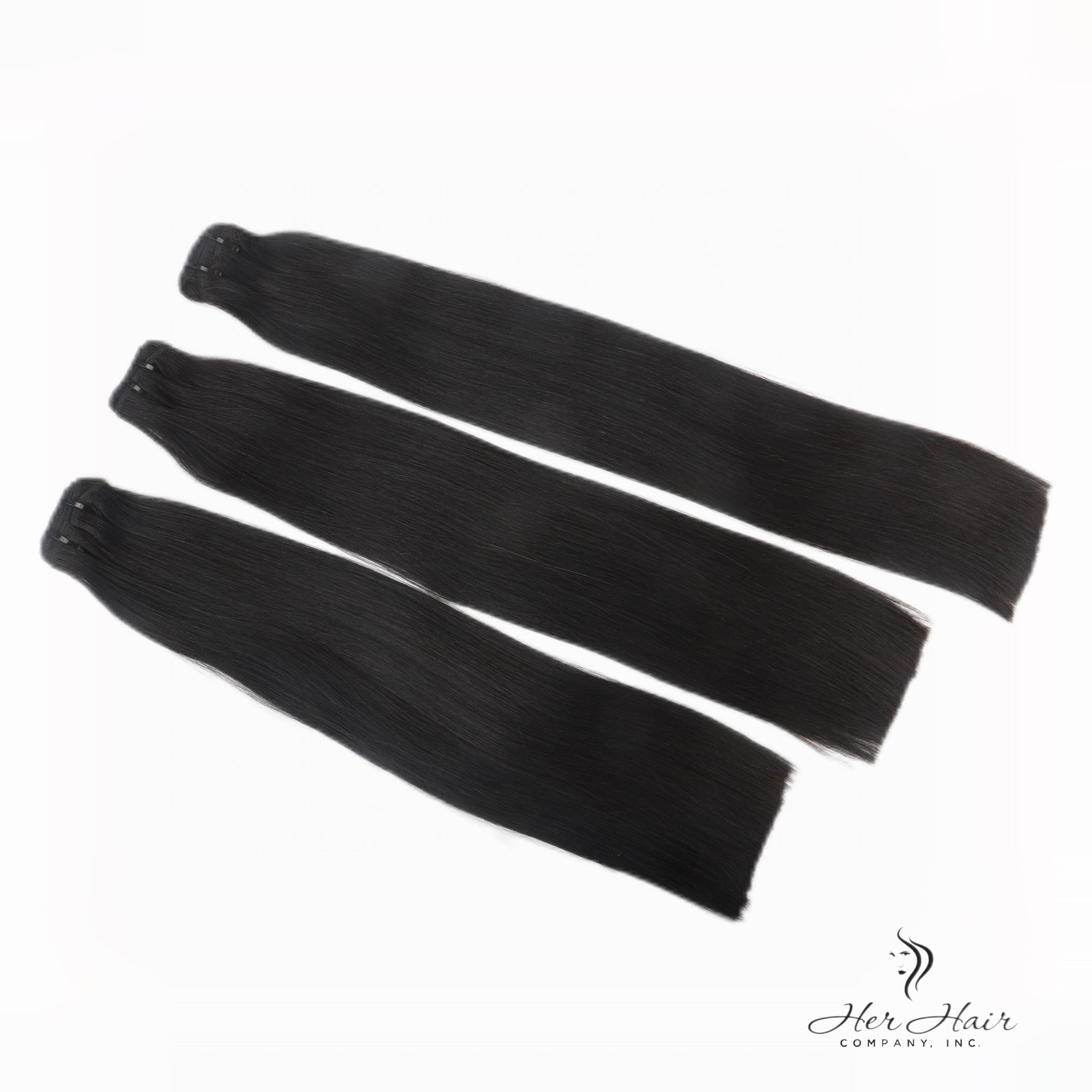 Brazilian double drawn hair bundles from Her Hair Company, showing three full, thick hair bundles with natural black color and smooth texture.