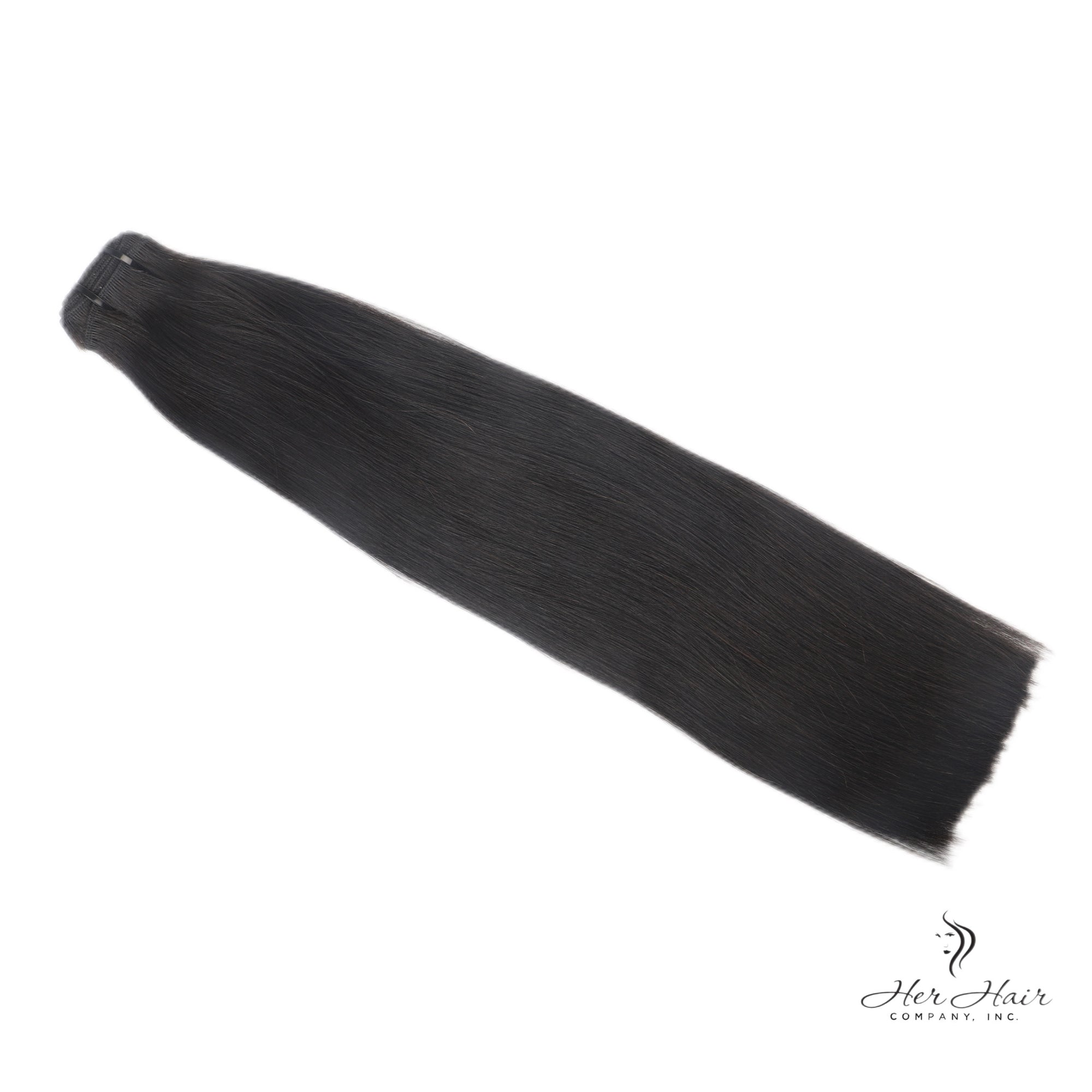 Brazilian Double Drawn Hair bundle from Her Hair Company showing thick, straight hair strands in a standard bundle.