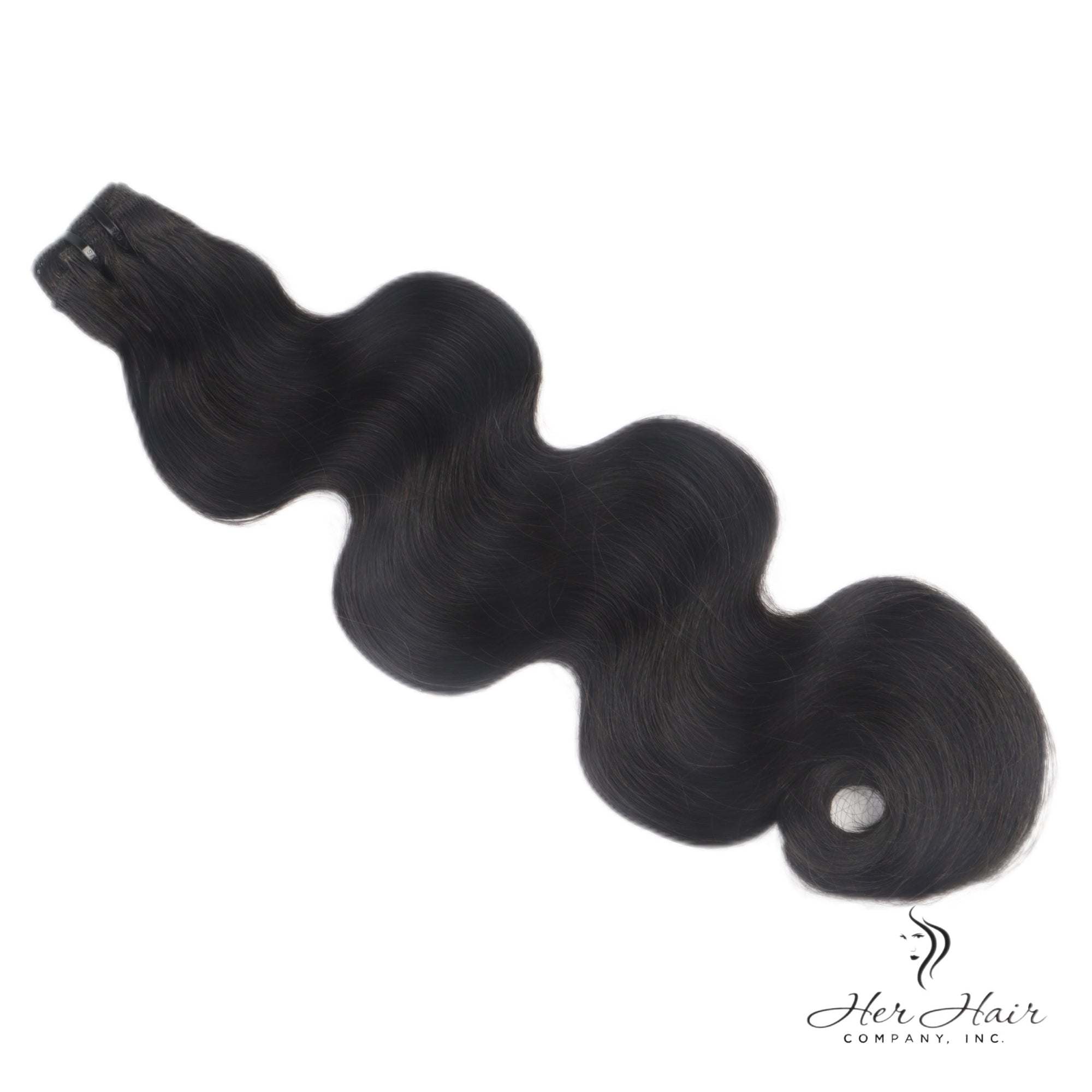 Brazilian double drawn hair bundle by Her Hair Company, showing thick, straight hair with a natural finish in a standard bundle.