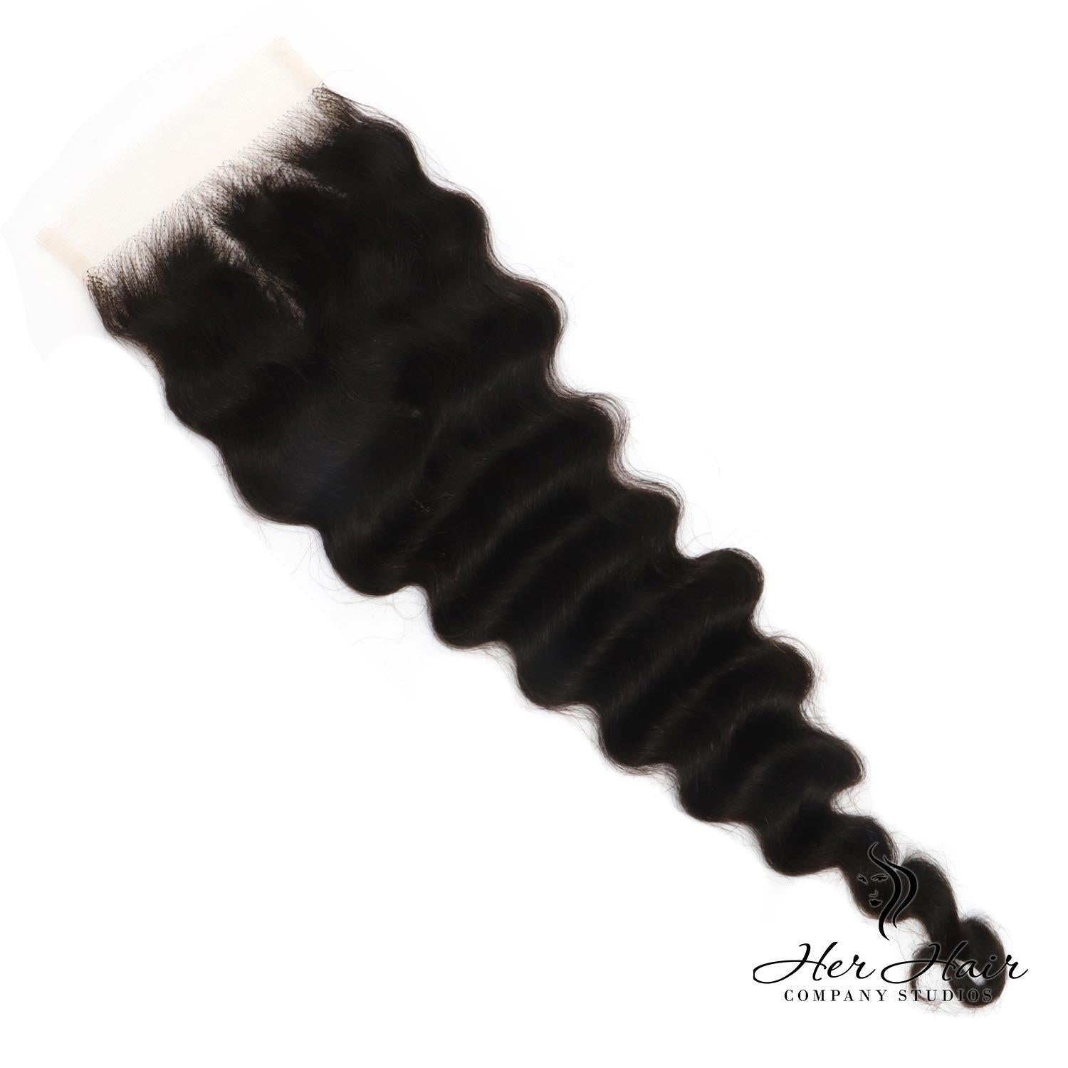 Brazilian Deep Wave 5x5 HD lace closure from Her Hair Company, showing the intricate deep wave pattern and lace front detail.