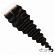 Brazilian Deep Wave 5x5 HD Lace Closure from Her Hair Company showing detailed lace closure with deep wave texture.
