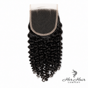 Brazilian Kinky Curly 4x4 HD lace closure by Her Hair Company, standard frontal closure with natural curly texture and lace front design.