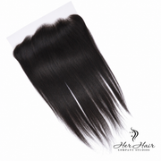 Brazilian straight 13x4 HD lace frontal by Her Hair Company showing natural hair texture and transparent lace material.