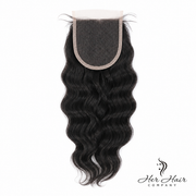 Brazilian Wavy 4x4 HD lace closure by Her Hair Company, showing close-up of the natural-looking lace and wavy hair texture.