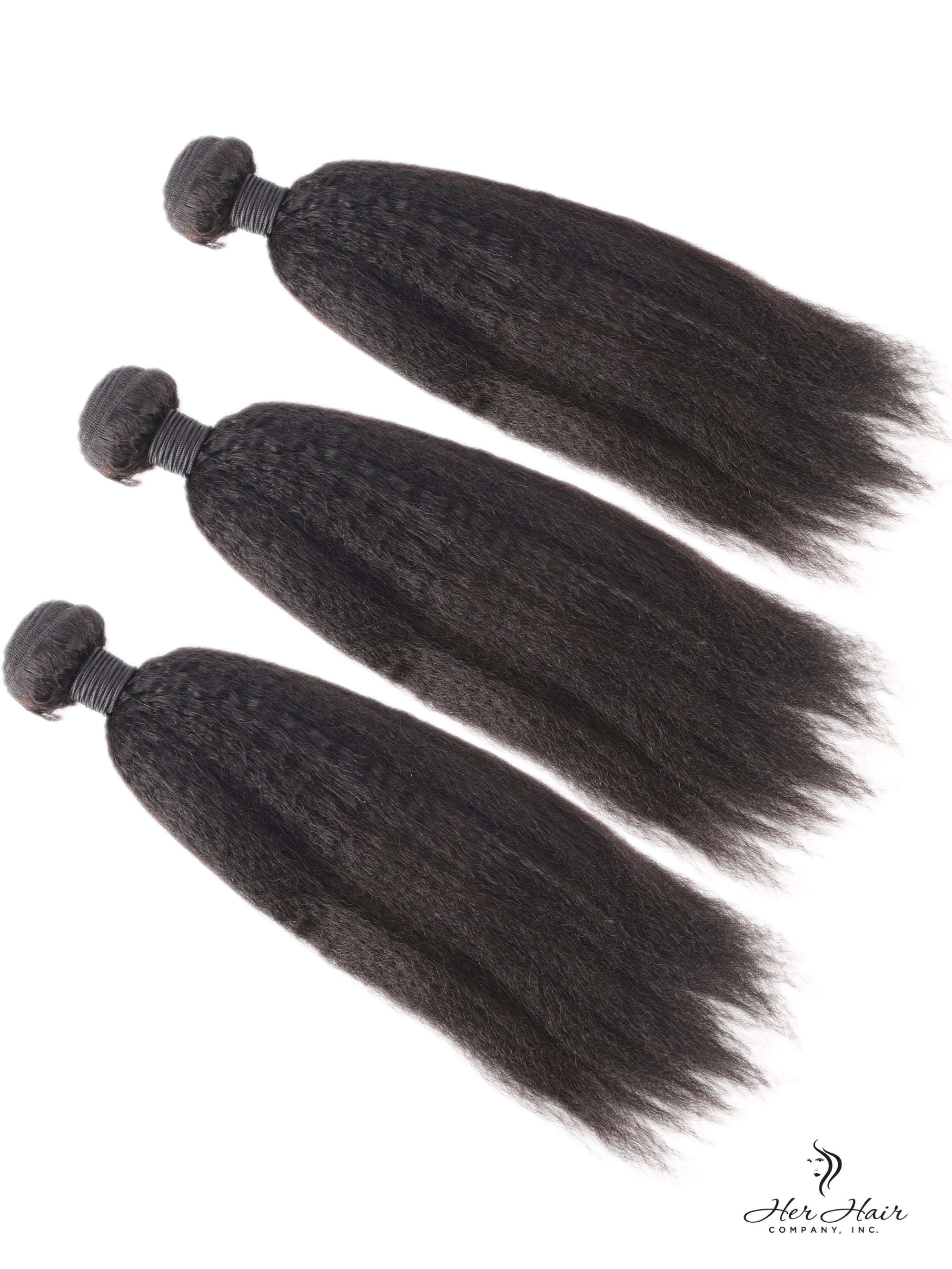 Three bundles of Brazilian kinky straight virgin hair with a standard frontal closure from Her Hair Company displayed in the image.