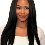 Brazilian Kinky Straight Hair bundle from Her Hair Company, featuring natural black, kinky straight texture, 16-20 inch standard bundle.