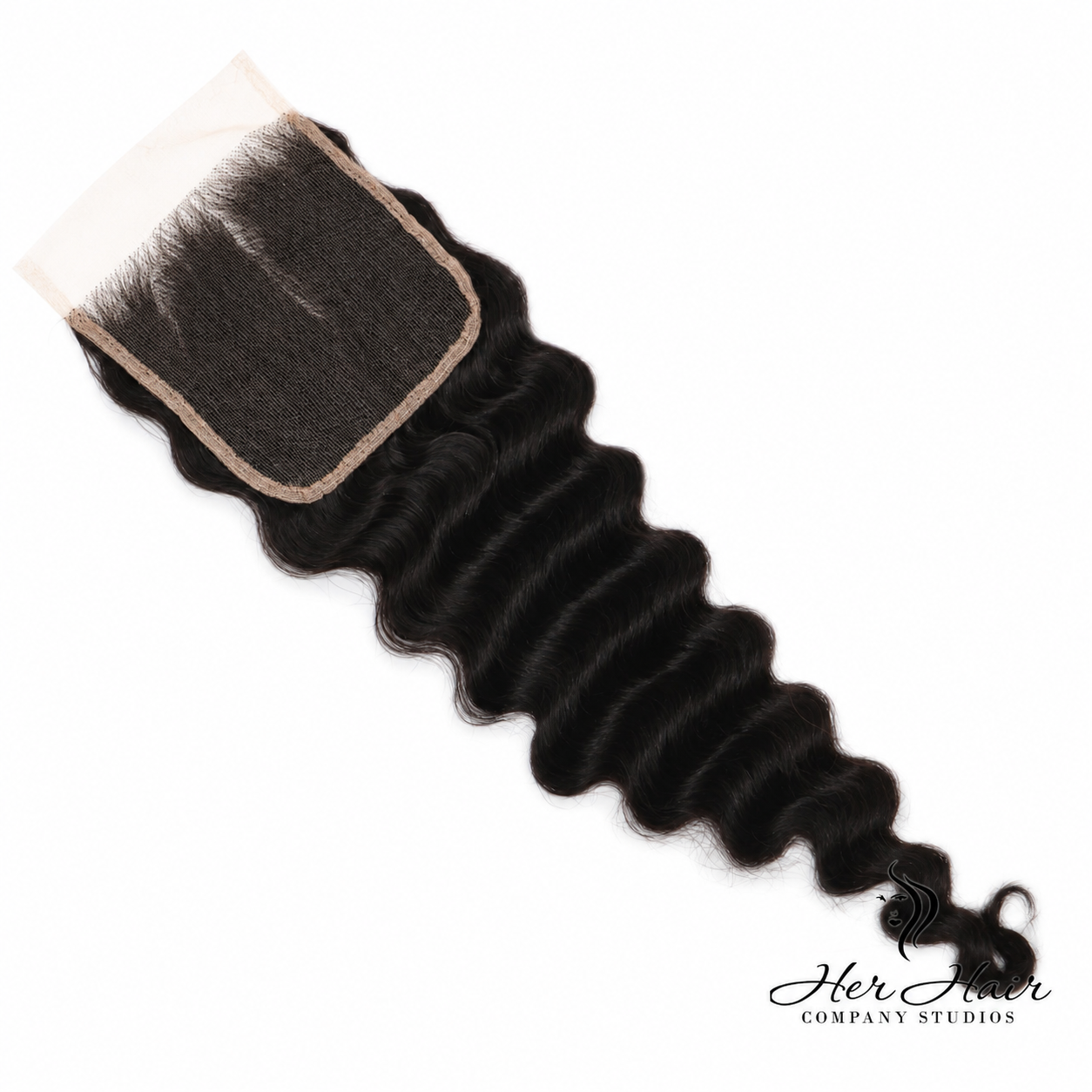 Brazilian Deep Wave 4x4 HD Lace Closure from Her Hair Company, natural deep wave texture, standard frontal closure for seamless styling