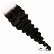 Brazilian Deep Wave 4x4 HD lace closure by Her Hair Company, showing the natural deep wave texture and lace closure details.