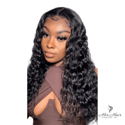 Brazilian Deep Wave 5x5 HD lace closure from Her Hair Company, showcasing natural deep wave texture and transparent lace.