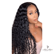 Brazilian Deep Wave 5x5 HD Lace Closure by Her Hair Company, showcasing natural deep wave curls and transparent lace detail.