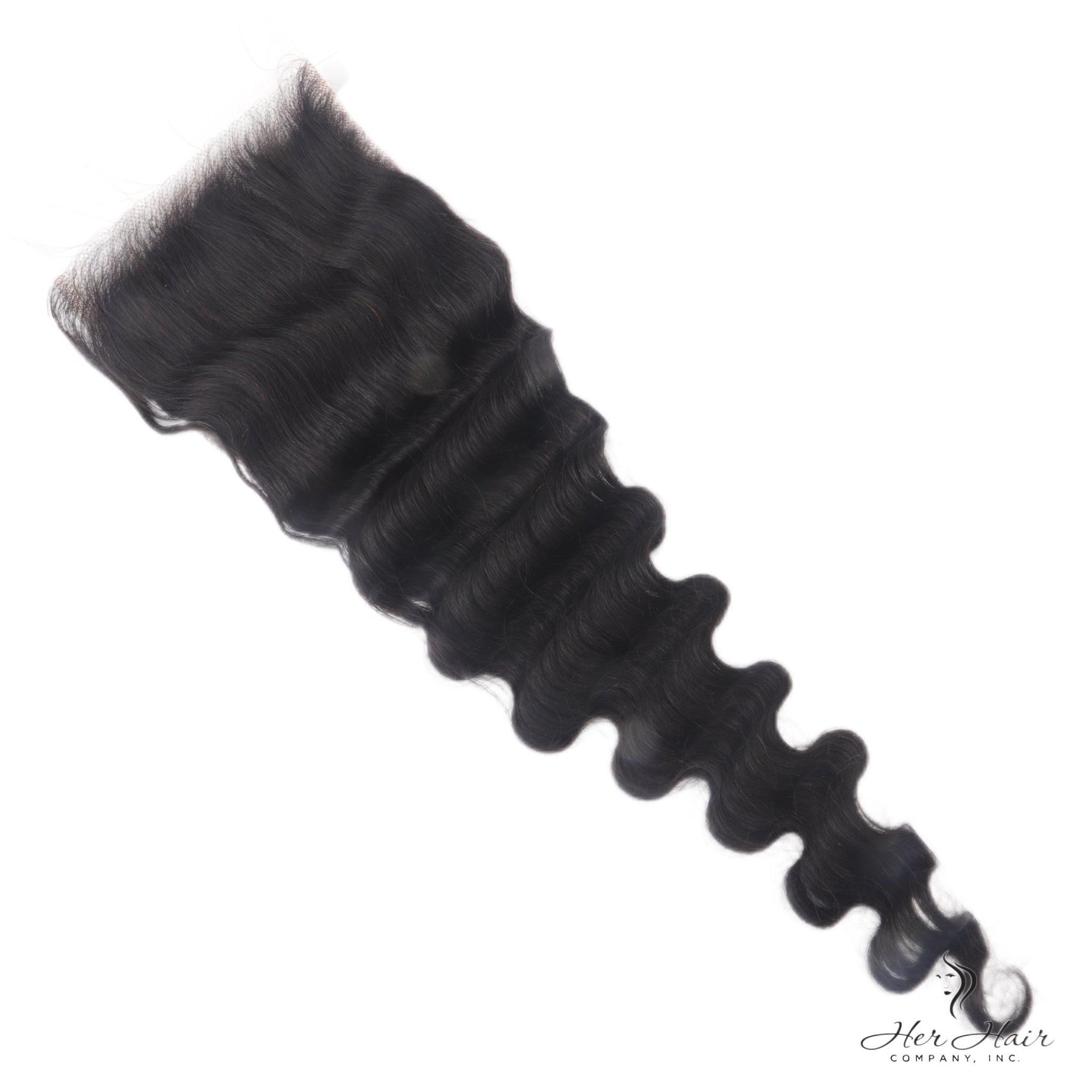 Her Hair Company Brazilian Loose Deep Wave 5x5 HD lace closure with natural wave pattern and transparent lace for seamless blend.