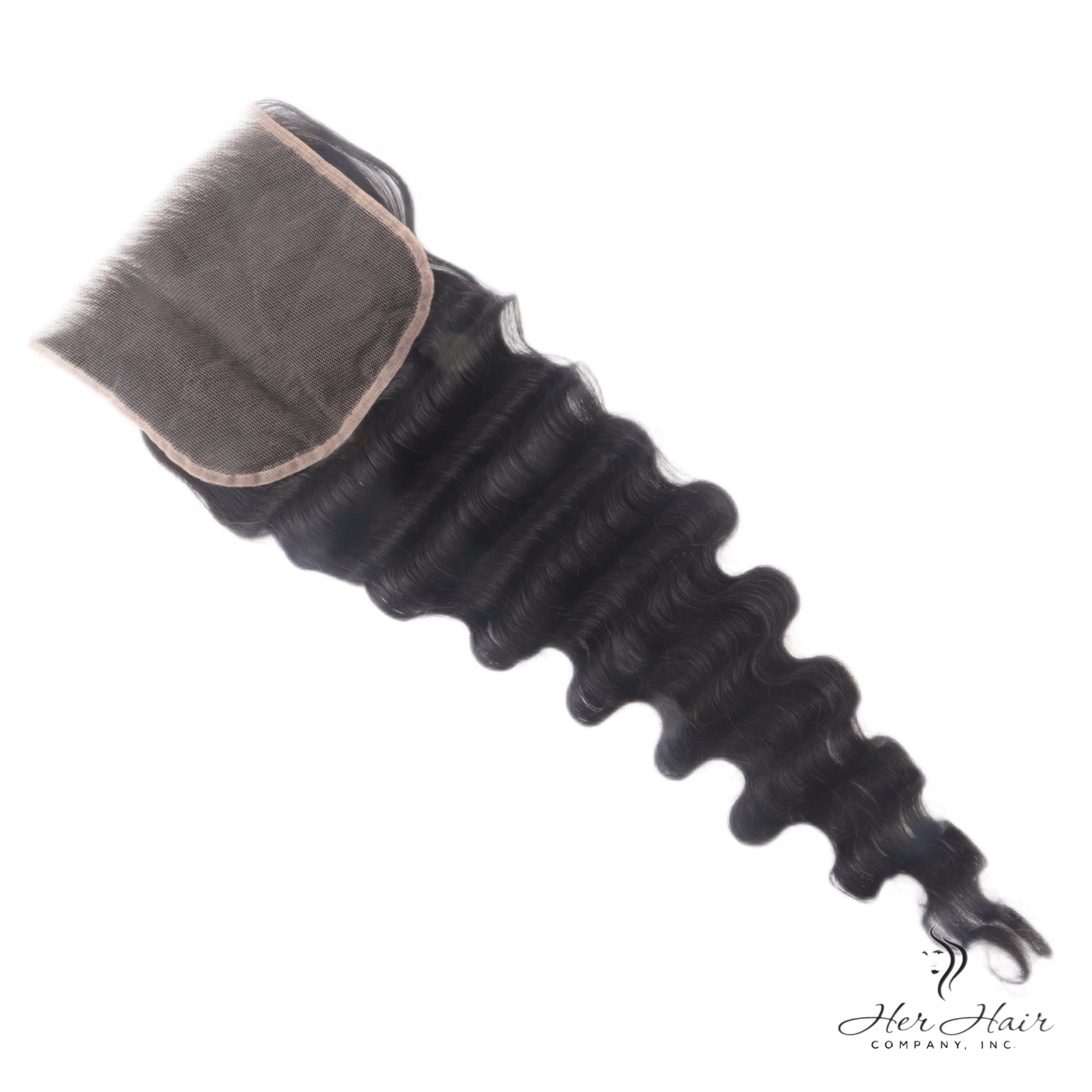 Brazilian Loose Deep Wave 5x5 HD lace closure by Her Hair Company, showing close-up of hair texture and lace detail.