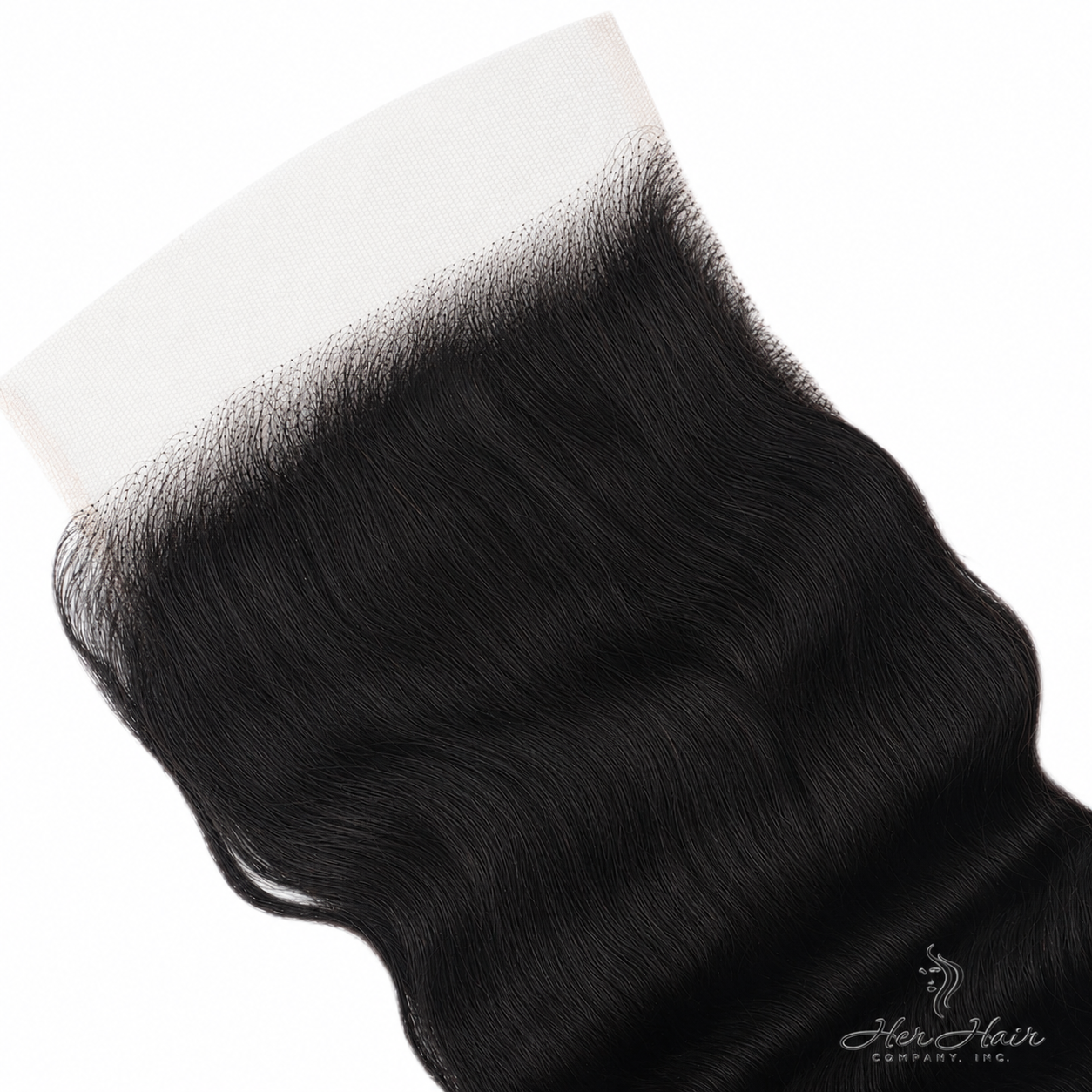 Brazilian Loose Deep Wave 5x5 HD lace closure by Her Hair Company, close-up of the natural-looking lace and deep wave texture.