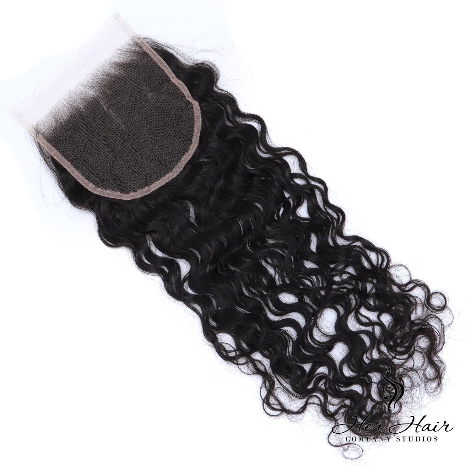 Brazilian raw wavy 5x5 HD lace closure from Her Hair Company, showcasing natural wavy texture and high-definition lace detail.