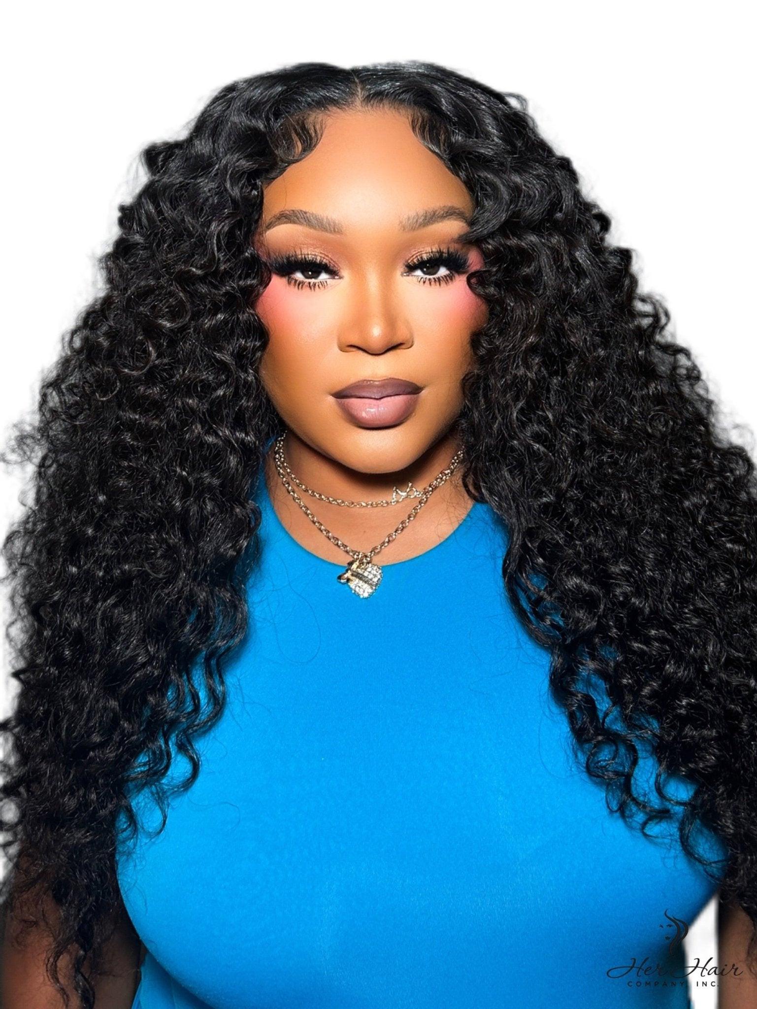 Her Hair Company Burmese raw wavy hair 4 bundle deal with 5x5 HD lace frontal closure in Brazilian style.