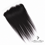 Brazilian straight 13x6 HD lace frontal by Her Hair Company, showing natural hair strands and transparent lace for seamless blending.