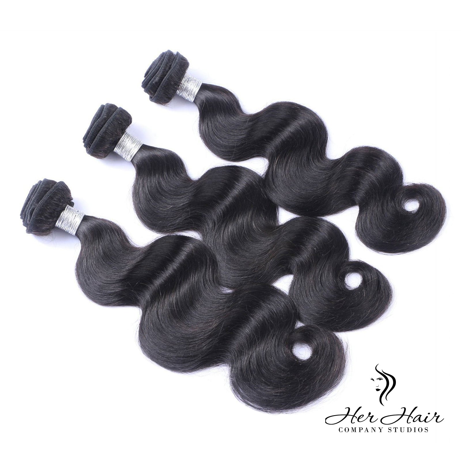 Three bundles of Brazilian Body Wave hair, standard bundle deal, showing straight, shiny, and full hair extensions.