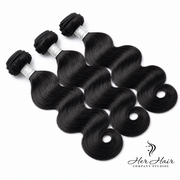 Three bundles of Brazilian Body Wave hair in 10-inch lengths, displayed as a standard bundle deal, natural and wavy hair texture.