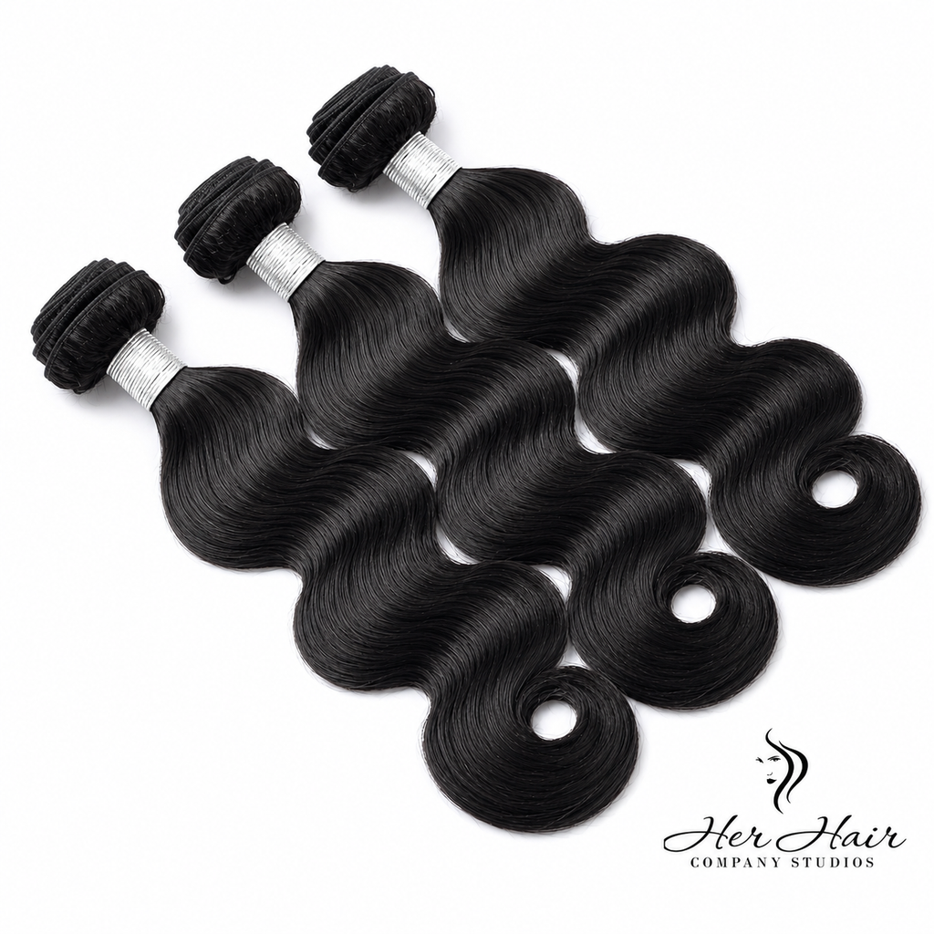 Three bundles of Brazilian Body Wave hair in 10-inch lengths, displayed as a standard bundle deal, natural and wavy hair texture.