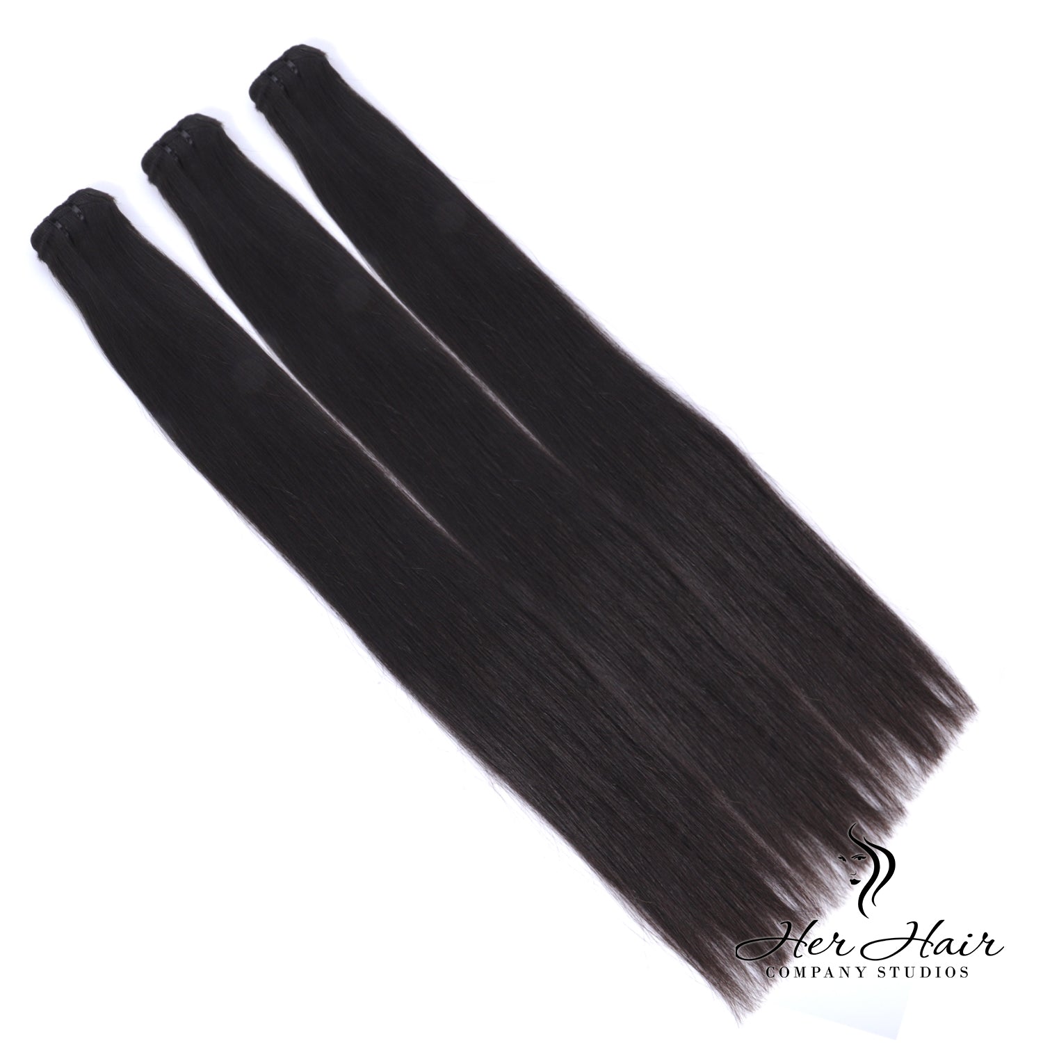 Three bundles of Burmese raw straight hair from a standard bundle deal, displayed neatly with natural hair texture.