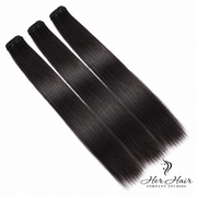 Three bundles of Burmese raw straight hair in 12-inch lengths, showing the smooth, natural straight texture from vendor-unknown.