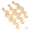 Three bundles of Brazilian 613# hair from Vendor-Unknown, showing straight, blonde, 613-colored hair bundles with natural texture.