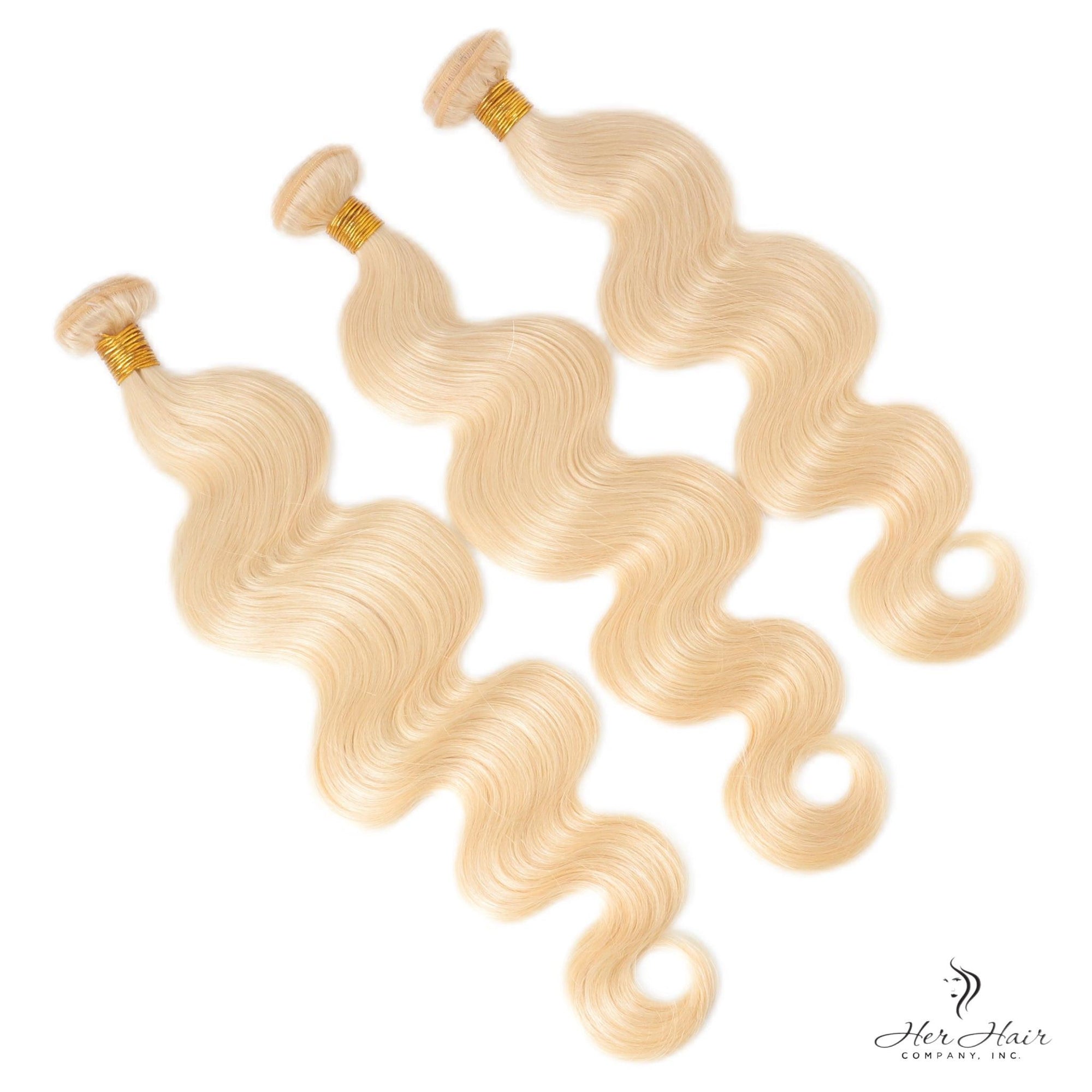 Three bundles of Brazilian 613# hair from Vendor-Unknown, showing straight, blonde, 613-colored hair bundles with natural texture.
