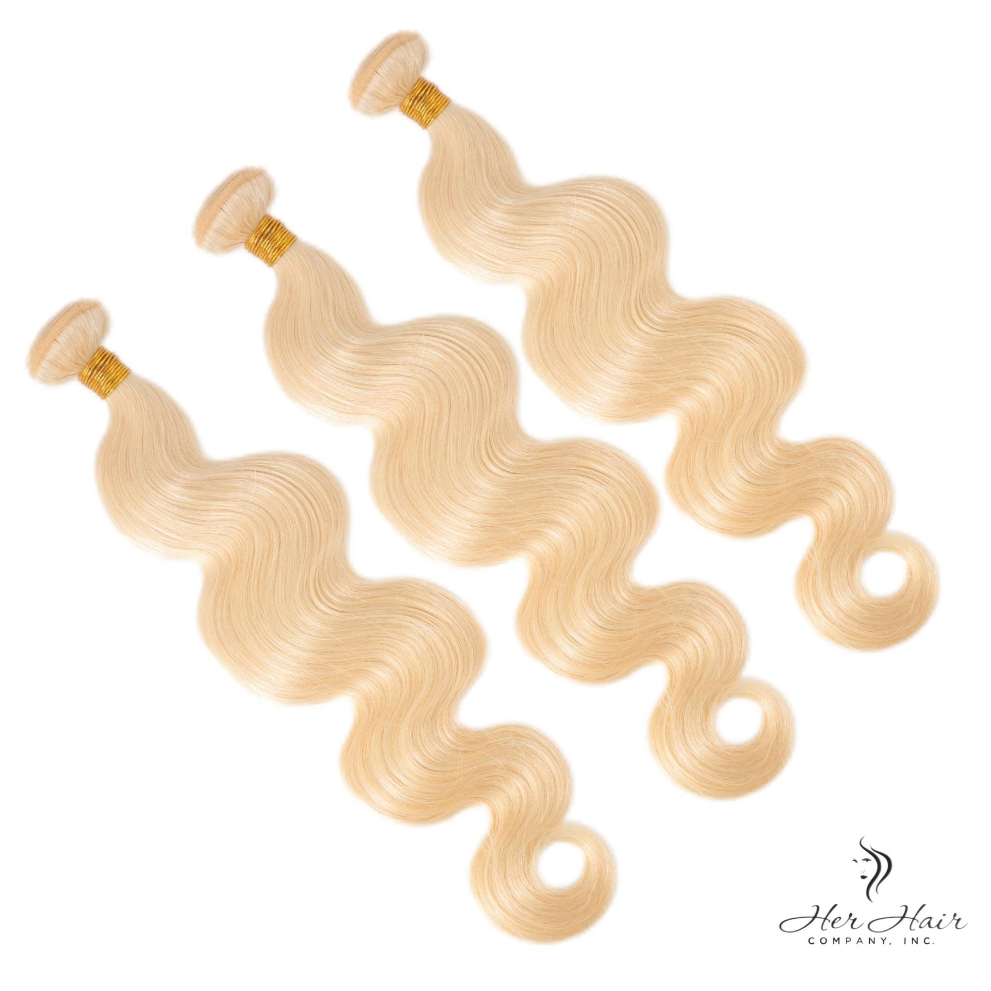 Three bundles of Brazilian 613# hair in a standard bundle deal, showcasing light blonde, straight hair extensions.