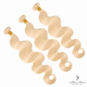 Three bundles of straight Brazilian 613# hair from Vendor Unknown, showing the shiny, smooth hair bundles laid out side by side.