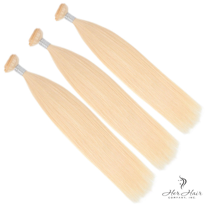 Three bundles of straight Brazilian 613# hair from Vendor-Unknown, showing the silky, light blonde hair extensions.