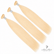Three bundles of straight Brazilian 613# hair, vendor-unknown standard bundle deal, showing the hair’s texture and color.