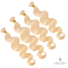 Four bundles of Brazilian 613# hair, standard bundle deal, showcasing straight blonde hair bundles on a plain background.