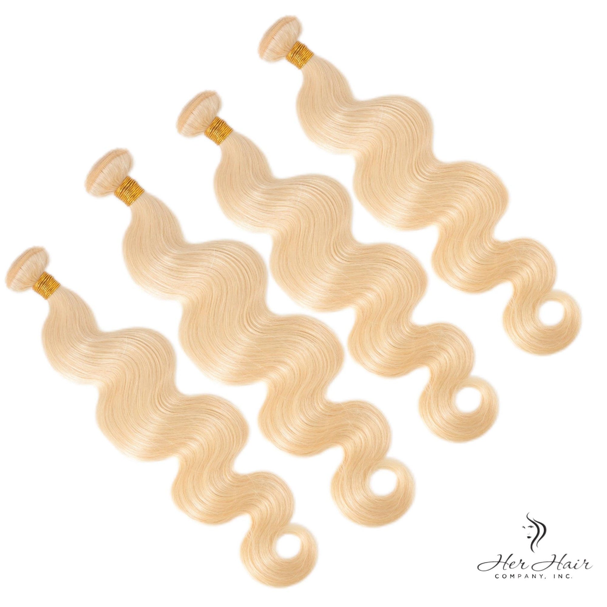 Four bundles of Brazilian 613# hair, standard bundle deal, showcasing straight blonde hair bundles on a plain background.