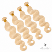 Four bundles of straight Brazilian 613# hair, showcasing silky, light blonde hair extensions in a standard bundle set.