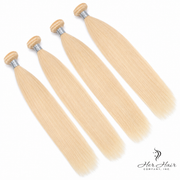 Four bundles of straight Brazilian 613# hair, natural color, displayed in clear packaging with brand unknown.