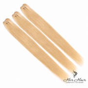 Three straight Eurasian 613# hair bundles from Vendor-Unknown, showcasing smooth, light blonde hair with natural shine.