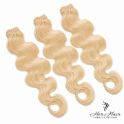 Three bundles of straight Eurasian 613# hair from Vendor-Unknown, showcasing the hair's color, length, and texture.