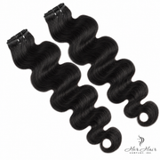 Brazilian clip-in hair extensions in a standard bundle, featuring 16-inch body wave Brazilian hair, natural and easy to clip in.