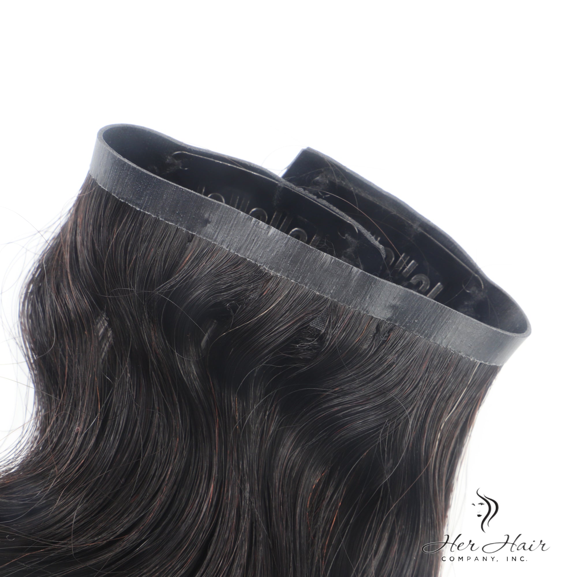Brazilian clip-in hair extensions in a standard bundle, showing natural dark brown hair with clip attachments for easy wear.