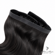 Brazilian clip-in hair extensions in a standard bundle with 16-inch body wave texture, natural black color.