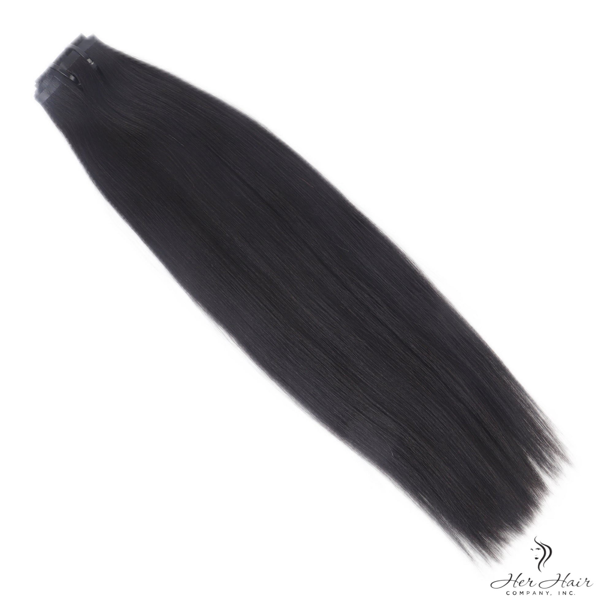 Brazilian clip-in hair extensions in a standard bundle, showing dark brown, straight, and shiny hair strands ready for styling.