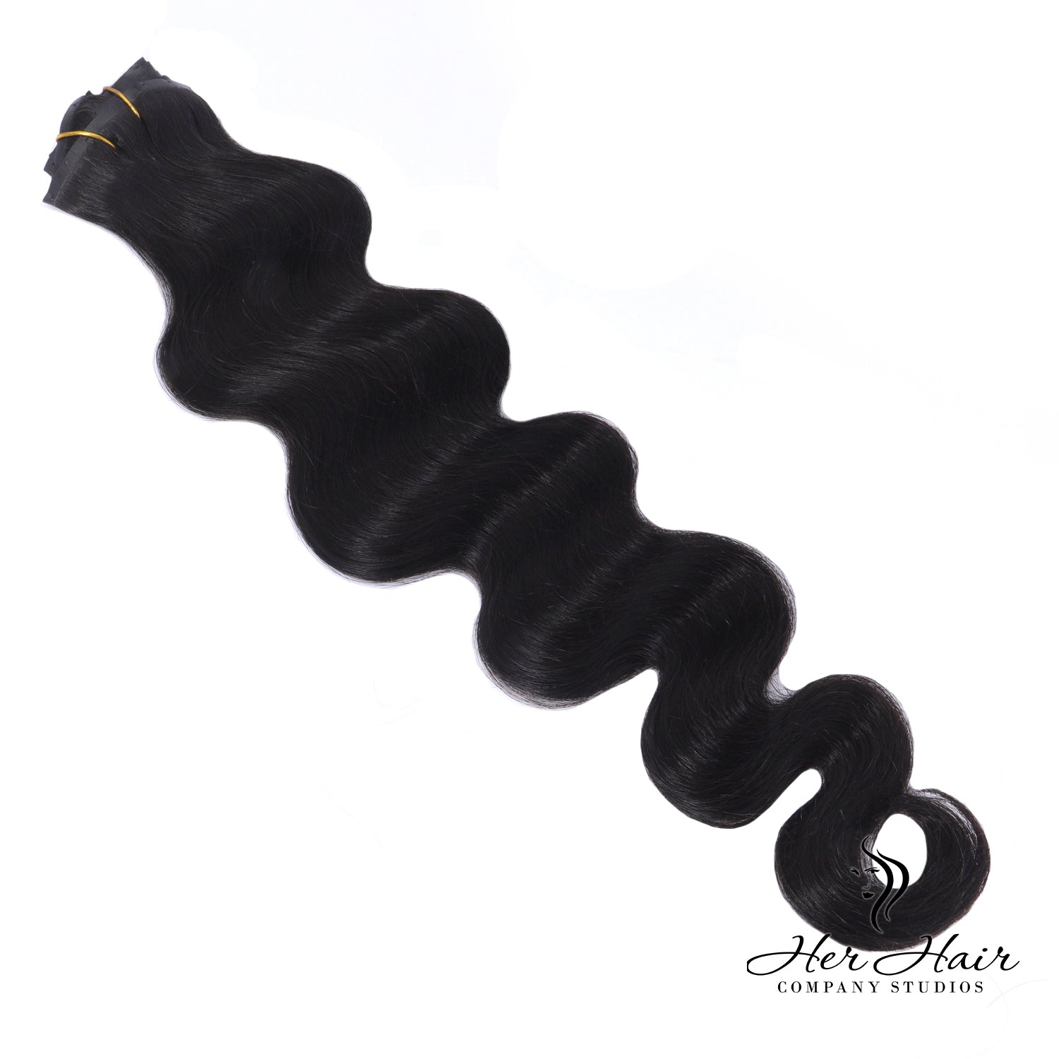 Brazilian clip-in hair extensions, standard bundle, with dark brown to black shades, styled in smooth, straight hair.