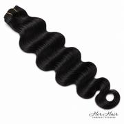 Standard bundle of Brazilian clip-in hair extensions in body wave style, natural-looking and easy to clip in.