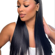 Brazilian clip-in hair extensions, standard bundle, 16-inch body wave style, natural black color, with multiple clips for easy attachment.