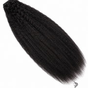 Brazilian clip-in hair extensions in a standard bundle with 16-inch body wave, natural black color, and secure clip attachments.