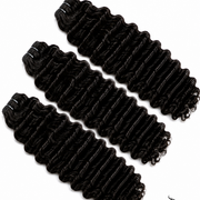 Three bundles of Burmese raw curly hair in 16, 18, and 20 inches, natural texture, bundled together for easy styling.